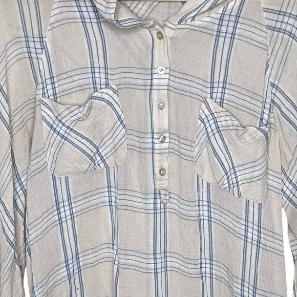 Free People Plaid Gauzy Pullover Hoodie Shirt Tan Large - Picture 6 of 10